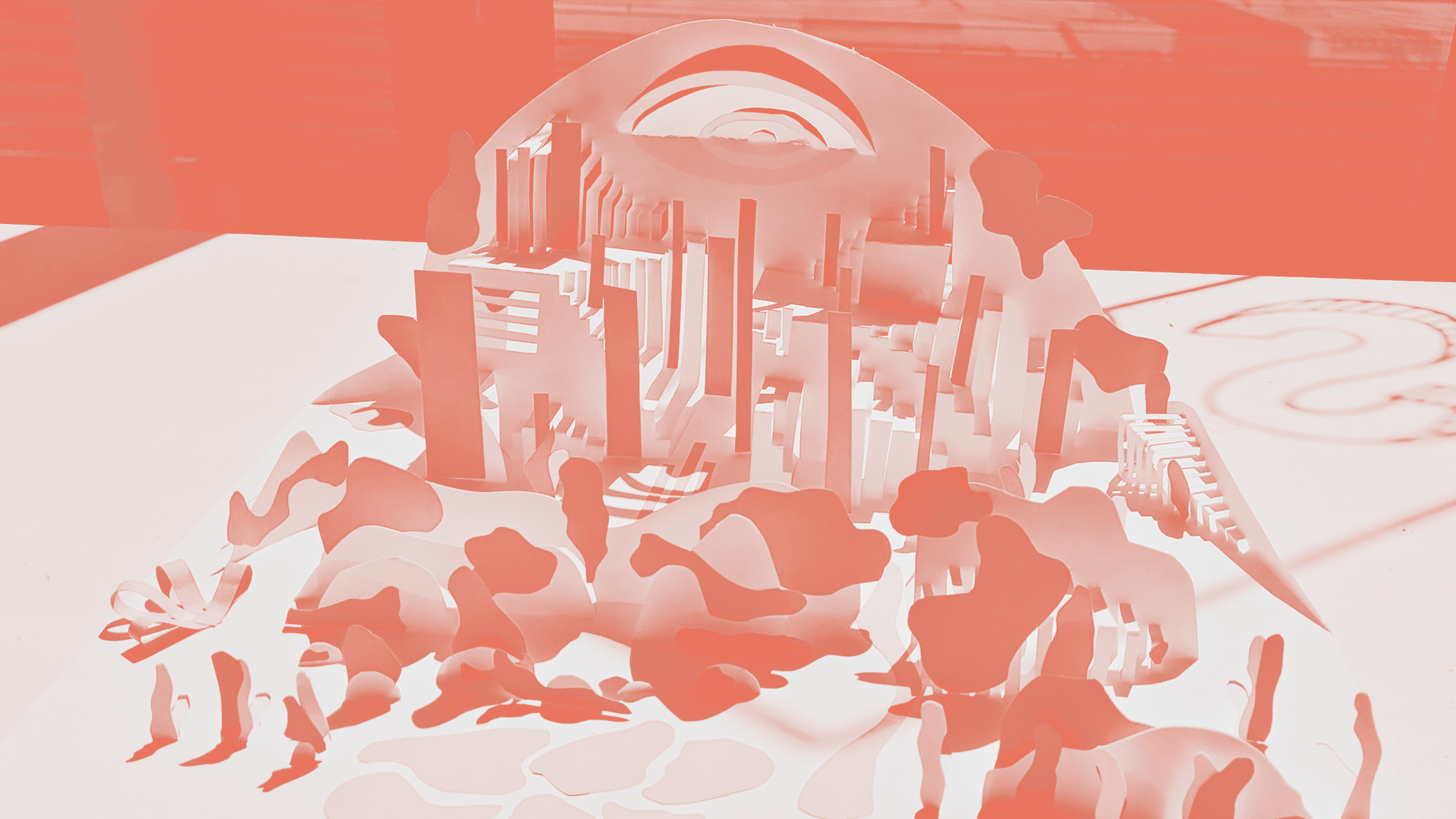 Photo d'une réalisation d'espace en papier lors d'un workshop avec un ingénieur papier - image effet demi teinte - redirection page autre - Graphiste Illustratrice et Motion Designer